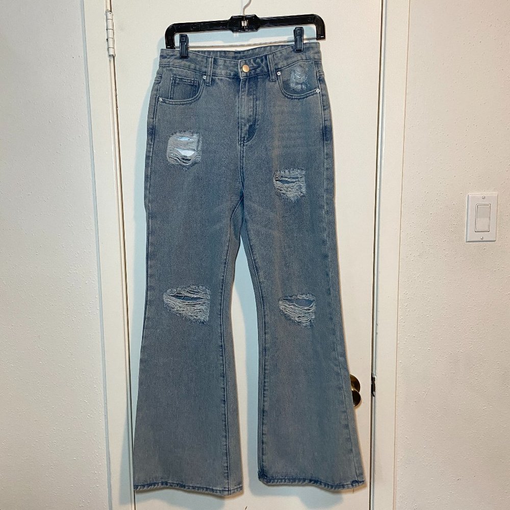 high waist wide leg distressed jeans